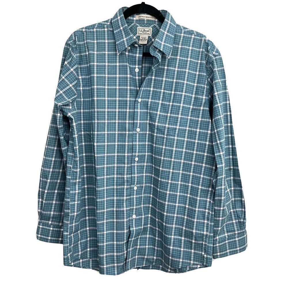 L.L. Bean Wrinkle Resistant‎ Button Down Shirt Mens M blue Plaid Cotton